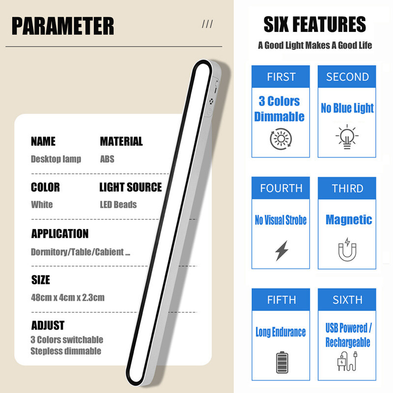 Stolna svjetiljka 48 cm Viseća magnetska stolna svjetiljka LED svjetlo za čitanje USB punjivo noćno svjetlo za ormarić s mogućnošću prigušivanja Noćno svjetlo