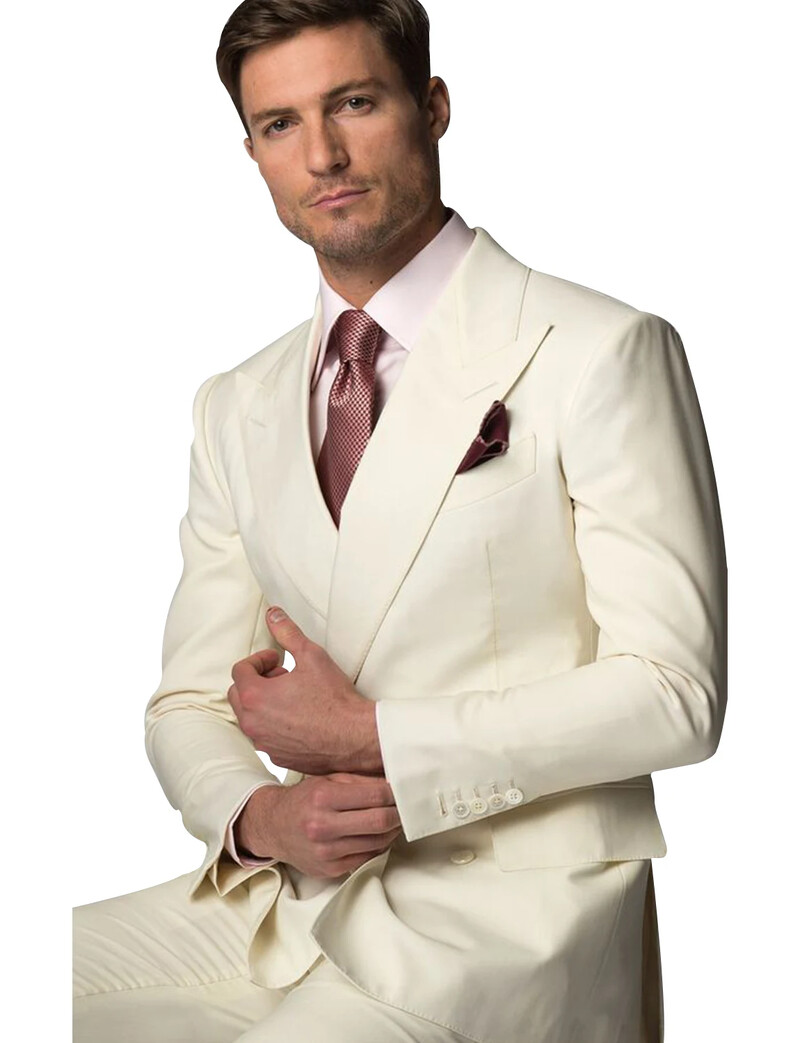 Elefántcsont Férfi Peak hajtókás öltönyök, kétsoros kabát Vőlegény szmoking Slm Fit blézer nadrág 2 részes üzleti öltöny szett