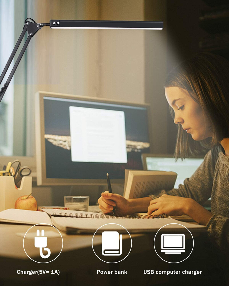 LED-es összecsukható fém asztali lámpa kapocs, hosszú karú, fényerősségű asztali lámpa, 3 színben állítható nappali olvasó számítógépekhez