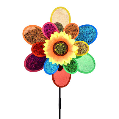 Divslāņu saulespuķu formas vējdzirnavu dārza parka āra dekorācijas izkārtojums Pinwheels Krāsainas fliteras vējdzirnavas ballīšu dārzam