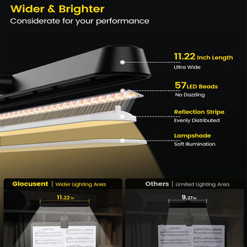 NV 57 LED Super Bright Music Stand Light Eye Caring Clip-on Φως πιάνου USB-C Επαναφορτιζόμενο Φύλλο Μουσικής με δυνατότητα ρύθμισης φωτισμού Φωτιστικό πιάνου