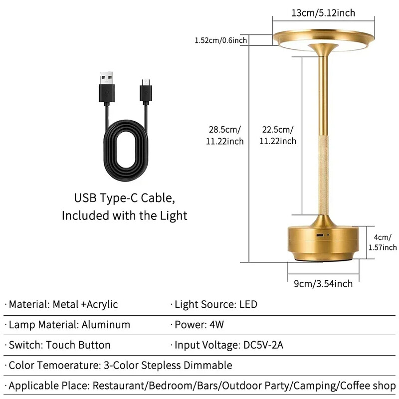 Egyszerű C típusú töltő LED asztali lámpa 3 színű érintőkapcsolóval szabályozható retro asztali lámpa Hálószoba Étterem Bár Klub dekor lámpa