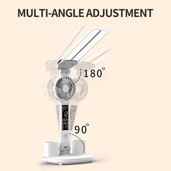 Επιτραπέζιο φωτιστικό LED Διπλής κεφαλής Πολυλειτουργικό Αναδιπλούμενο Ρολόι αφής LED Επιτραπέζιο φωτιστικό με ανεμιστήρα USB Φορτιζόμενη ρυθμιζόμενη λάμπα ανάγνωσης