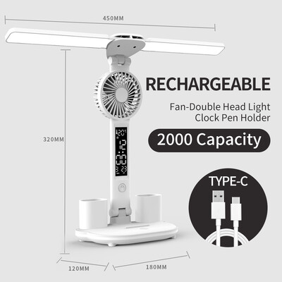 Asztali lámpa LED kétfejű, többfunkciós összecsukható érintőképernyős LED-es óra asztali lámpa ventilátorral USB tölthető, szabályozható olvasólámpa