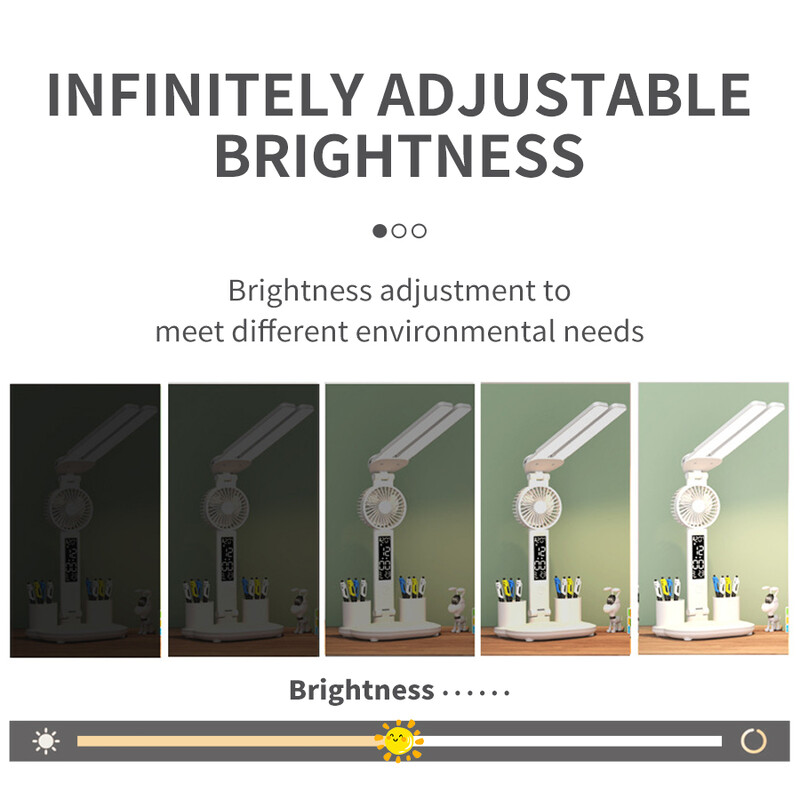 Asztali lámpa LED kétfejű, többfunkciós összecsukható érintőképernyős LED-es óra asztali lámpa ventilátorral USB tölthető, szabályozható olvasólámpa