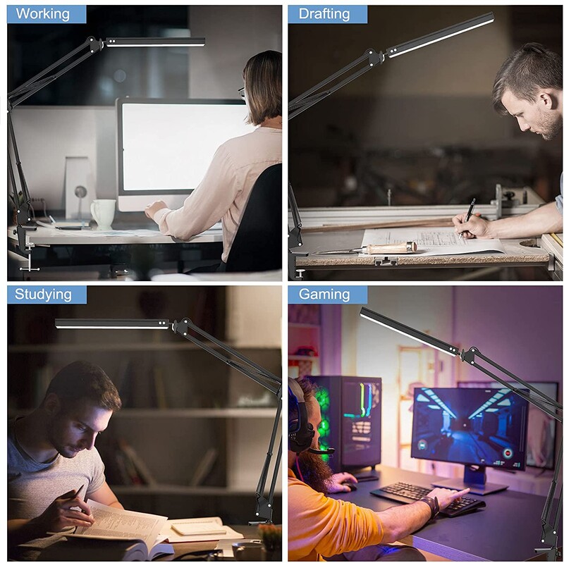 Lampă de masă cu LED Lampă de birou cu braț oscilant din metal, cu lampă de birou cu clemă reglabilă cu port de încărcare USB, 3 moduri de iluminare cu 10 lumini