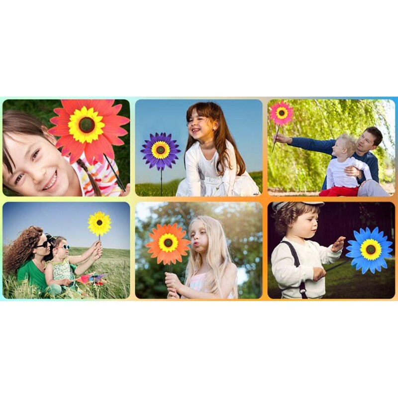 Moara de vânt cu floarea-soarelui rotativ, floarea soarelui, țeapă de vânt în picioare, peluză, flori, roată, petrecere în aer liber, grădină, curte, jucării pentru copii