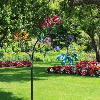 C5AD Large Metal Wind Spinner with Three Spinning Flowers Butterflies Windmill Wind Sculpture for Outdoor Garden Art Decor