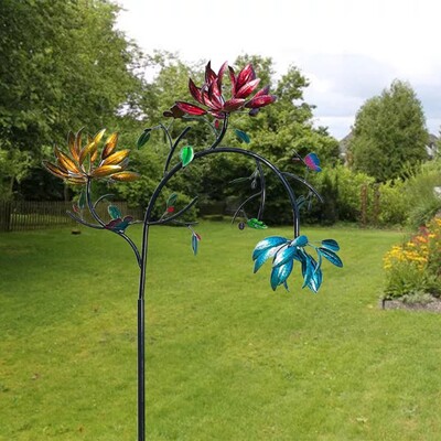 C5AD Large Metal Wind Spinner with Three Spinning Flowers Butterflies Windmill Wind Sculpture for Outdoor Garden Art Decor