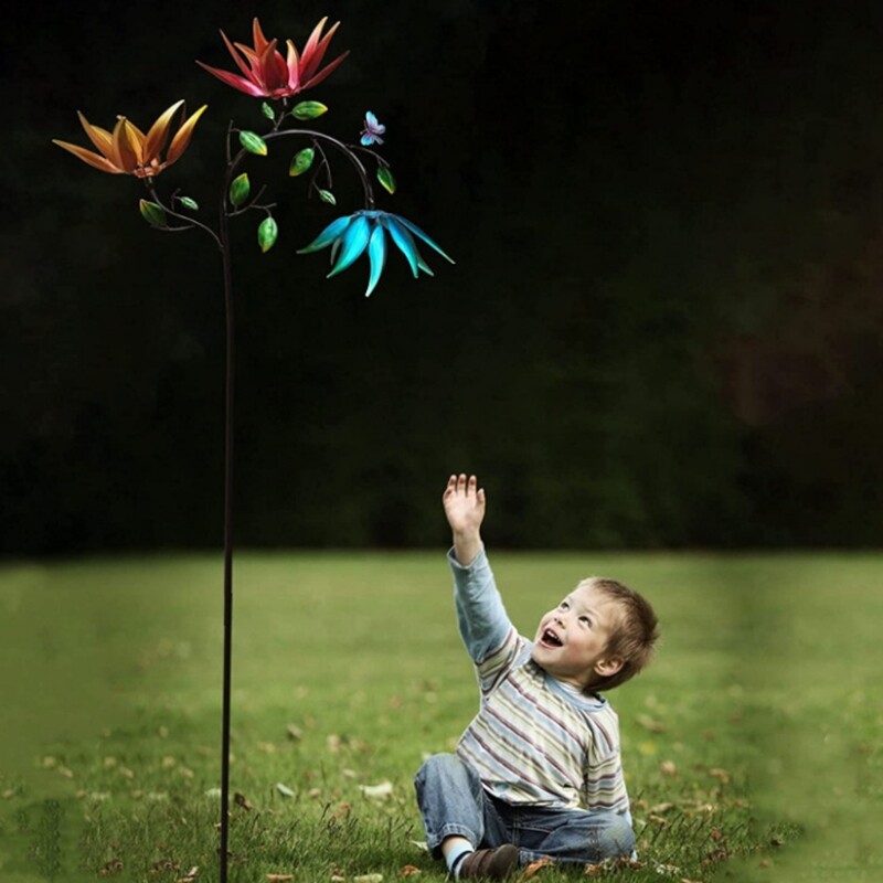 C5AD velika metalna vjetrenjača s tri rotirajuća cvijeta Leptiri Skulptura vjetrenjače za vanjski vrt Art Art Decor