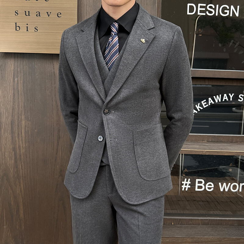 (Jakna + prsluk + hlače) Vunena zimska odijela od tvida Muški smoking za vjenčanje Svečano mladoženja Smoking riblja kost Muški modni 3-dijelni