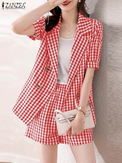 ZANZEA Elegantne majice kratkih rukava s urezanim reverom Gingham kratke hlače Ženske kratke hlače s elastičnim strukom 2 komada Ljetni sako odijelo