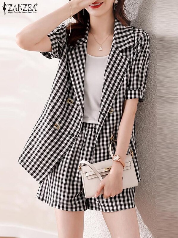 ZANZEA Elegantne majice kratkih rukava s urezanim reverom Gingham kratke hlače Ženske kratke hlače s elastičnim strukom 2 komada Ljetni sako odijelo