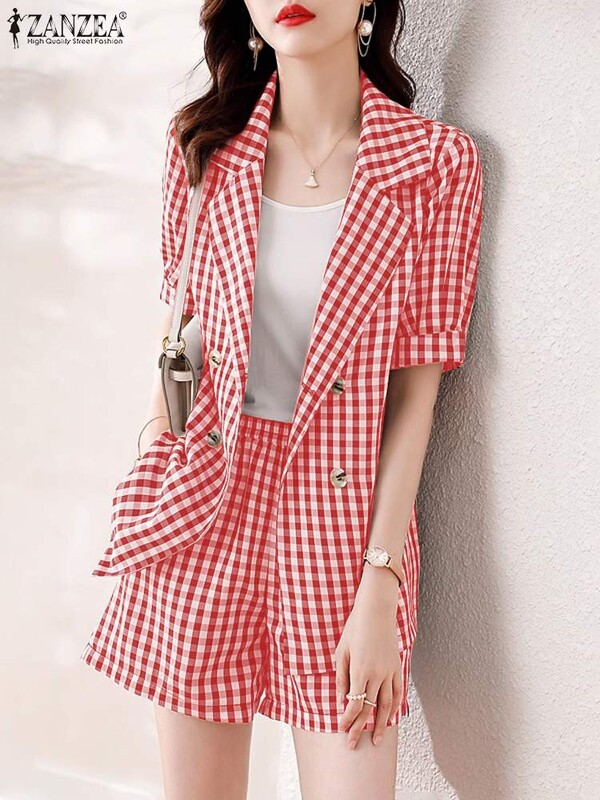 ZANZEA Elegantne majice kratkih rukava s urezanim reverom Gingham kratke hlače Ženske kratke hlače s elastičnim strukom 2 komada Ljetni sako odijelo