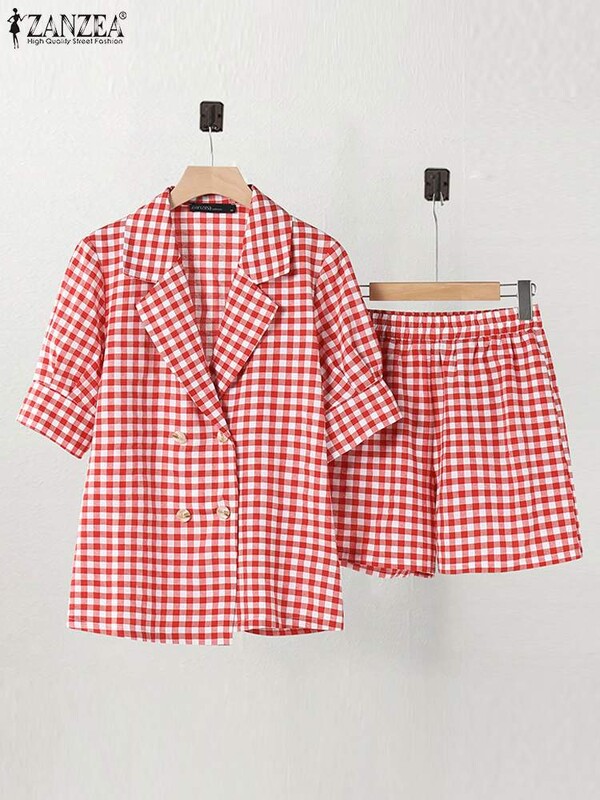 ZANZEA Elegantne majice kratkih rukava s urezanim reverom Gingham kratke hlače Ženske kratke hlače s elastičnim strukom 2 komada Ljetni sako odijelo