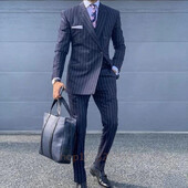 Tumši zili svītraini vīriešu uzvalki Slim Fit kāzu līgavainim smokings Peak atloks biznesa žakete 2 daļīgs komplekts, kostīms Homme jaka veste bikses