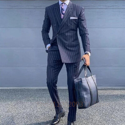 Tumši zili svītraini vīriešu uzvalki Slim Fit kāzu līgavainim smokings Peak atloks biznesa žakete 2 daļīgs komplekts, kostīms Homme jaka veste bikses
