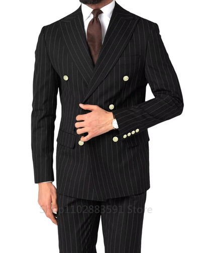 Elegantsed meesteülikonnad, kaherealine triibuline bleiser, 2-osaline, seltskondlik pidulik pulmakleit, õhuke sobivus, kohandatud frakk.