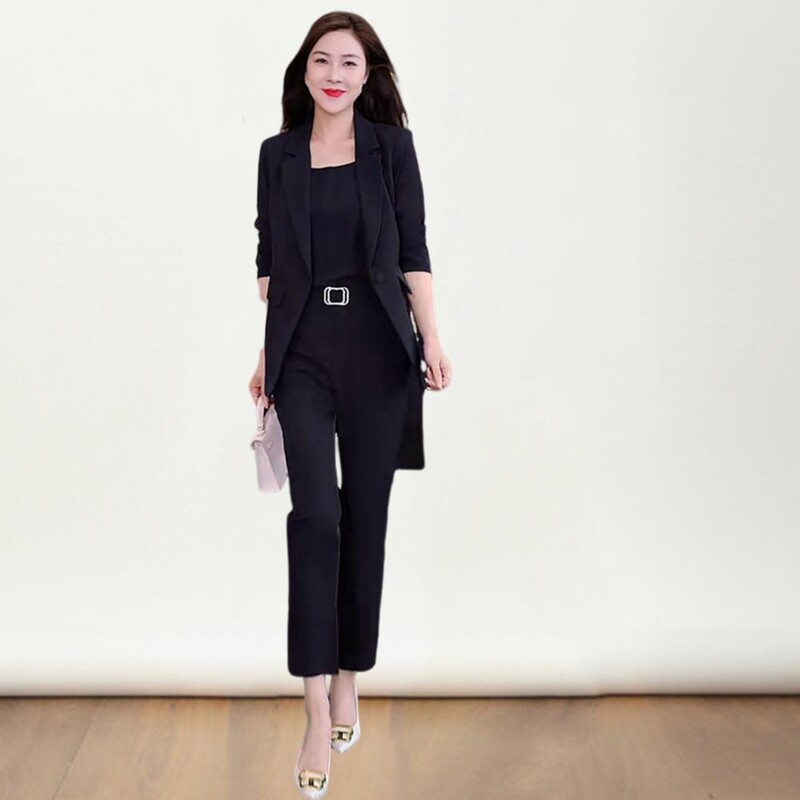 Magas derekú nadrág szett Elegáns női üzleti öltöny szett hajtókás kardigán magas derekú nadrág mellény Alkalmi irodai szakembereknek