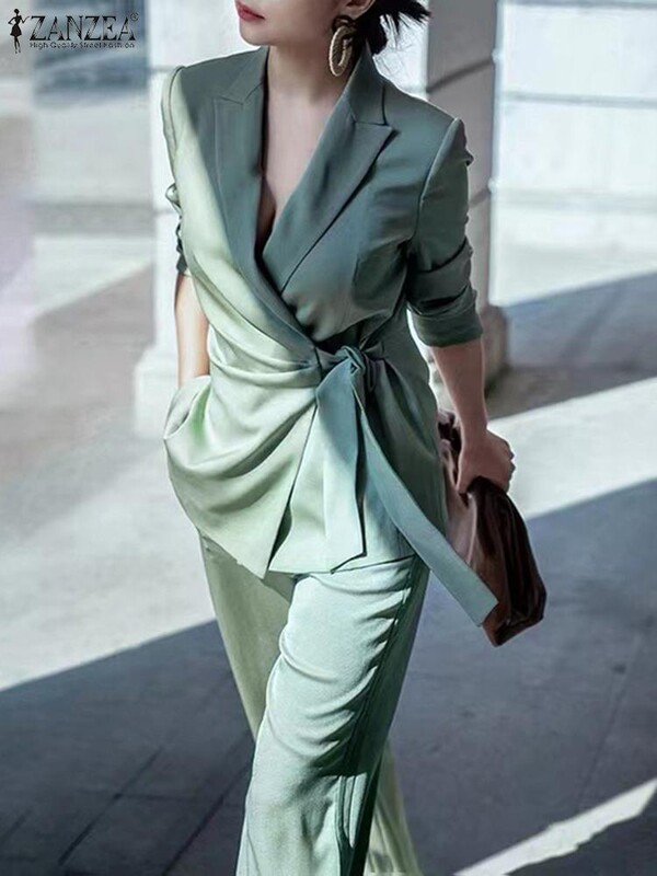 ZANZEA Fashion OL Trenirke 2PCS Blazer dugih rukava na preklop i izrez Hlače širokih nogavica Jesen Ležerno široko odijelo Elegantna odjeća za zabavu