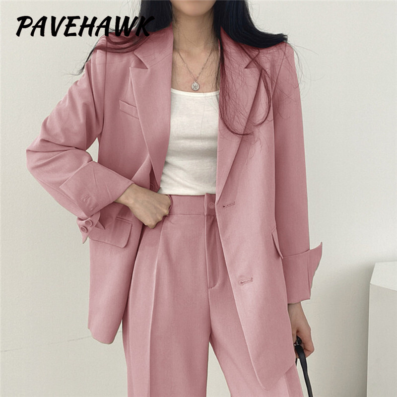 Női blézer nadrág szettek egysoros irodai női alkalmi őszi tömör blézer öltöny zseb kétrészes szett Elegáns női ruhák