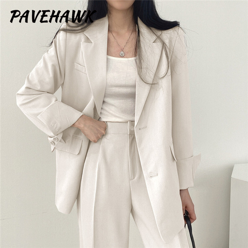 Női blézer nadrág szettek egysoros irodai női alkalmi őszi tömör blézer öltöny zseb kétrészes szett Elegáns női ruhák