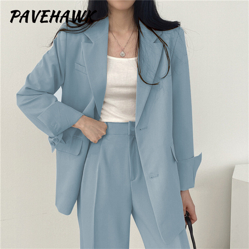 Női blézer nadrág szettek egysoros irodai női alkalmi őszi tömör blézer öltöny zseb kétrészes szett Elegáns női ruhák