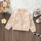 Kisgyermek kislány kötött kardigán pulóver virág V nyakú világos színű vékony felsőruházat gombos zárható őszi téli ruhák