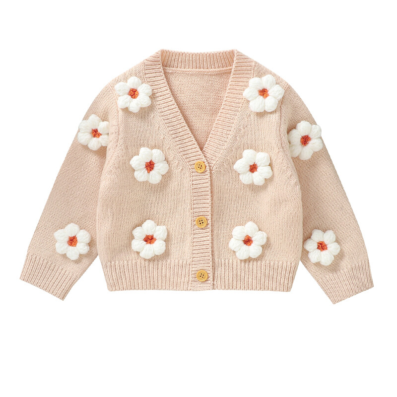 Kisgyermek kislány kötött kardigán pulóver virág V nyakú világos színű vékony felsőruházat gombos zárható őszi téli ruhák