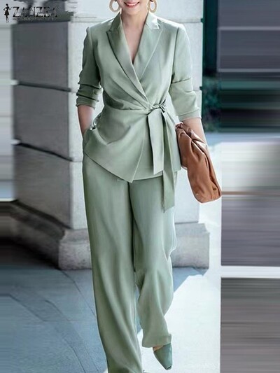 ZANZEA Korean Fashion OL komplektid 2TK pikkade varrukatega revääriga jakid laia säärega püksid Sügisene vaba ülikond Elegantne peokomplekt