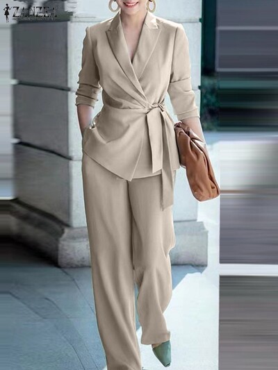 ZANZEA Korean Fashion OL komplektid 2TK pikkade varrukatega revääriga jakid laia säärega püksid Sügisene vaba ülikond Elegantne peokomplekt
