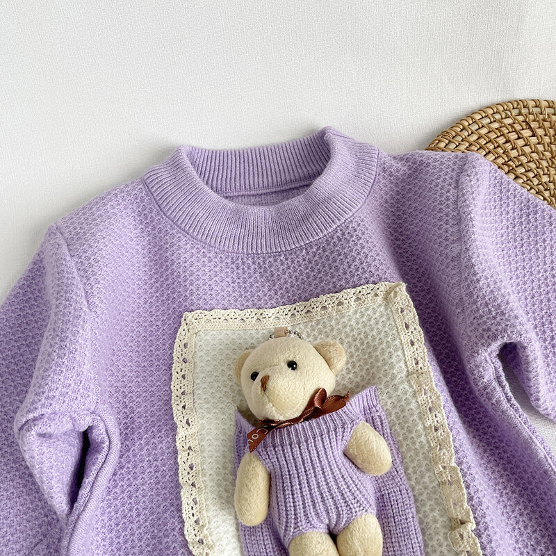 2023 őszi újdonság gyerekeknek baba lányoknak teljes ujjú folt, 3D medve baba kötött felső pulóver gyerekeknek aranyos alsó ruha
