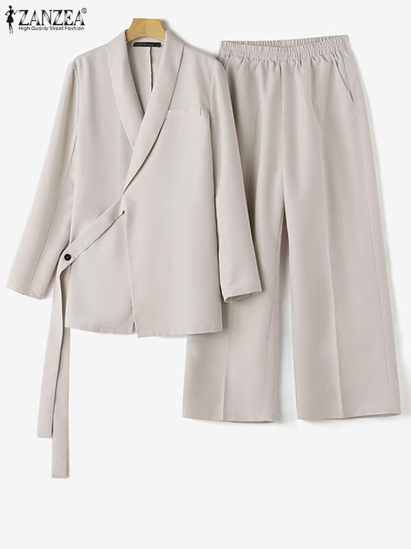 2PCS Modne majice dugih rukava Hlače Odijela ZANZEA Elegantni ženski OL Radni sako odijela Ležerni jednobojni kompleti hlača širokih nogavica Trenirka