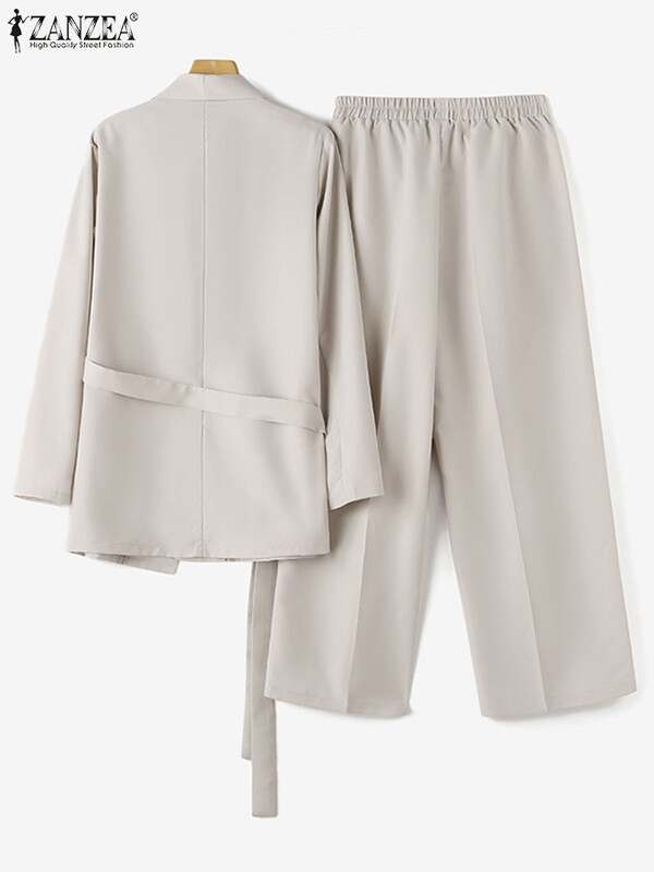 2PCS Modne majice dugih rukava Hlače Odijela ZANZEA Elegantni ženski OL Radni sako odijela Ležerni jednobojni kompleti hlača širokih nogavica Trenirka