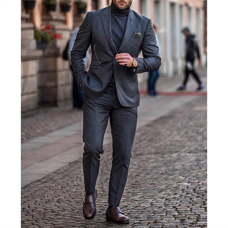 Νέα Fashion Wedding Tuxedos Slim Fit Suits for Men Groomsmen Suit Two Pieces Caral Formal Ανδρικά Blazer Suits (Σακάκι + Παντελόνι)