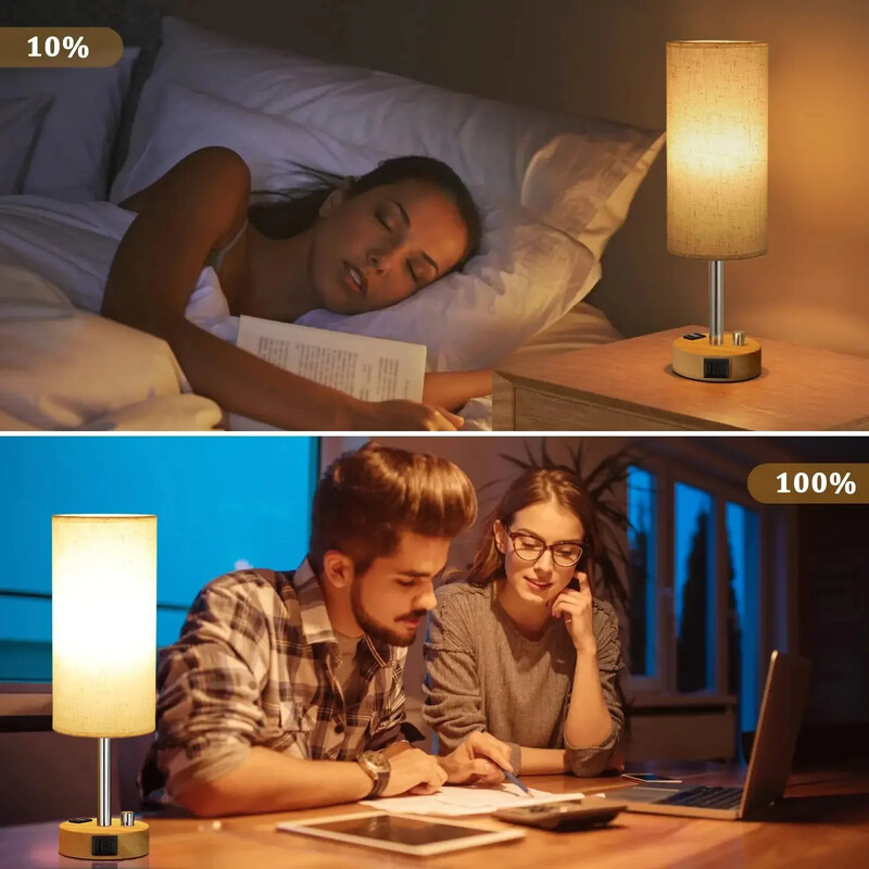 Lampă de masă complet reglabilă Lampă mică de noptieră cu porturi USB C+A și prize AC Lumină de noapte pentru dormitor cu bec reglabil Decor acasă