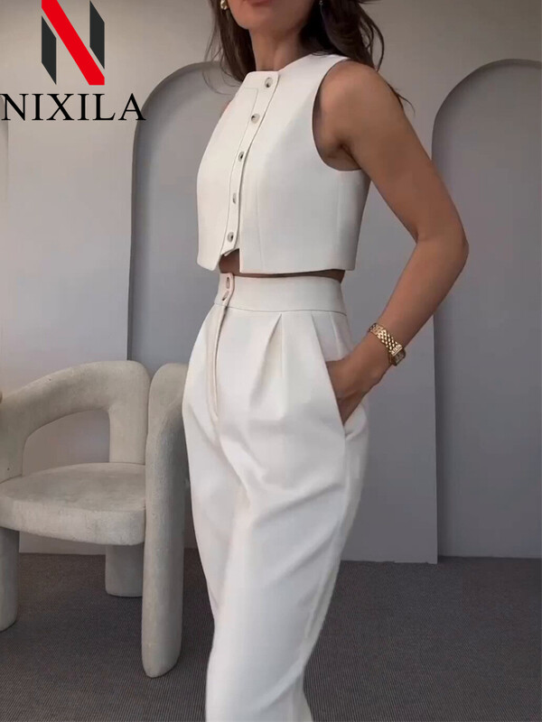 Jaunums pavasarī un vasarā Eleganti sieviešu komplekti Korejas modes vestu komplekti bez piedurknēm sievietēm 2 dab. Retro biroja apģērbu bikšu komplekti