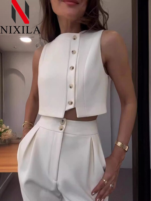 Jaunums pavasarī un vasarā Eleganti sieviešu komplekti Korejas modes vestu komplekti bez piedurknēm sievietēm 2 dab. Retro biroja apģērbu bikšu komplekti