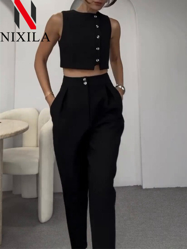 Jaunums pavasarī un vasarā Eleganti sieviešu komplekti Korejas modes vestu komplekti bez piedurknēm sievietēm 2 dab. Retro biroja apģērbu bikšu komplekti