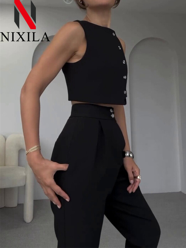 Jaunums pavasarī un vasarā Eleganti sieviešu komplekti Korejas modes vestu komplekti bez piedurknēm sievietēm 2 dab. Retro biroja apģērbu bikšu komplekti