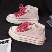 Ženske platnene ravne cipele Ljeto 2024. Nove ženske platnene visoke cipele s visokim potplatom, ružičaste i crne ležerne tenisice na vezanje