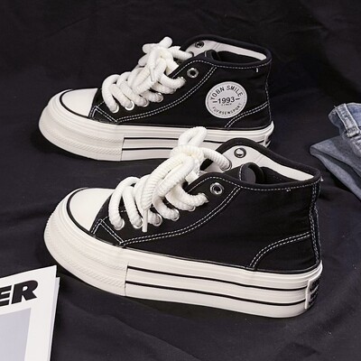 Ženske platnene ravne cipele Ljeto 2024. Nove ženske platnene visoke cipele s visokim potplatom, ružičaste i crne ležerne tenisice na vezanje