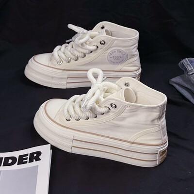 Ženske platnene ravne cipele Ljeto 2024. Nove ženske platnene visoke cipele s visokim potplatom, ružičaste i crne ležerne tenisice na vezanje