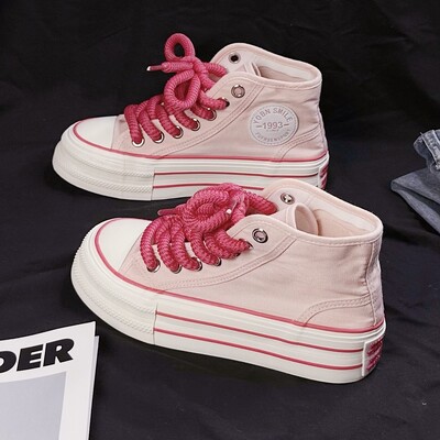 Ženske platnene ravne cipele Ljeto 2024. Nove ženske platnene visoke cipele s visokim potplatom, ružičaste i crne ležerne tenisice na vezanje