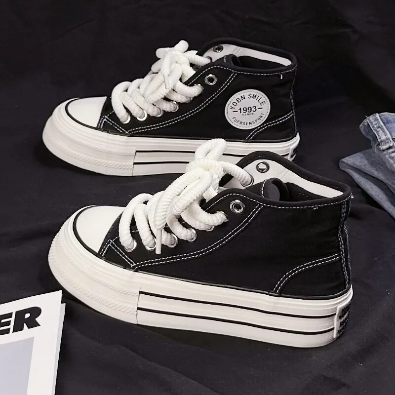 Ženske platnene ravne cipele Ljeto 2024. Nove ženske platnene visoke cipele s visokim potplatom, ružičaste i crne ležerne tenisice na vezanje