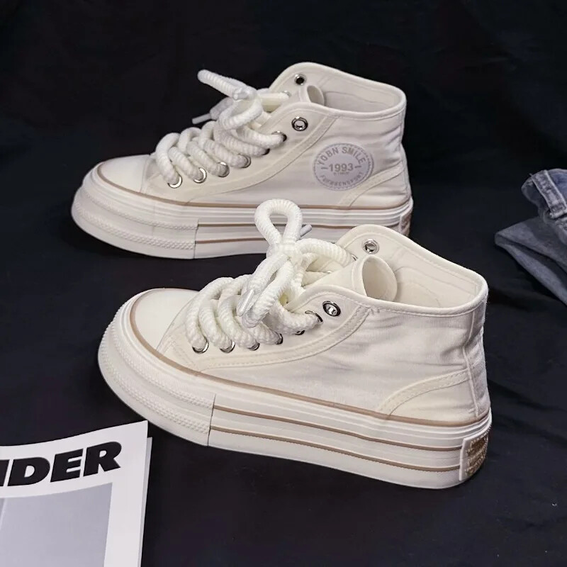 Ženske platnene ravne cipele Ljeto 2024. Nove ženske platnene visoke cipele s visokim potplatom, ružičaste i crne ležerne tenisice na vezanje