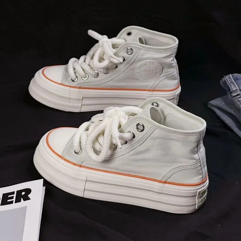 Ženske platnene ravne cipele Ljeto 2024. Nove ženske platnene visoke cipele s visokim potplatom, ružičaste i crne ležerne tenisice na vezanje