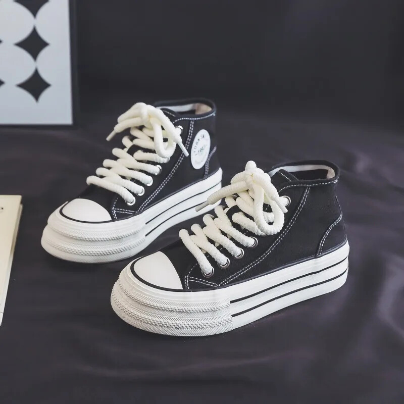 Ženske platnene ravne cipele Ljeto 2024. Nove ženske platnene visoke cipele s visokim potplatom, ružičaste i crne ležerne tenisice na vezanje