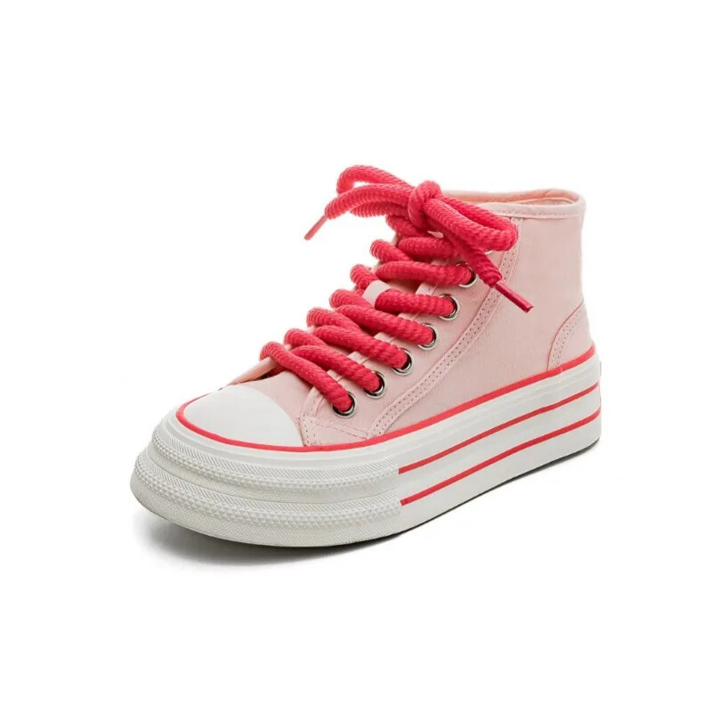 Ženske platnene ravne cipele Ljeto 2024. Nove ženske platnene visoke cipele s visokim potplatom, ružičaste i crne ležerne tenisice na vezanje