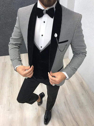 Férfi Houndstooth formális háromrészes öltöny bársony mellény és kendő hajtóka szmoking üzleti báli esküvői szett (kabát+mellény+nadrág))